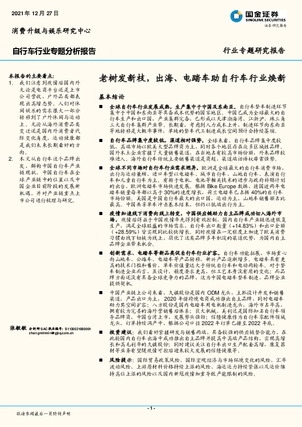 自行车行业专题分析报告：老树发新枝，出海、电踏车助自行车行业焕新