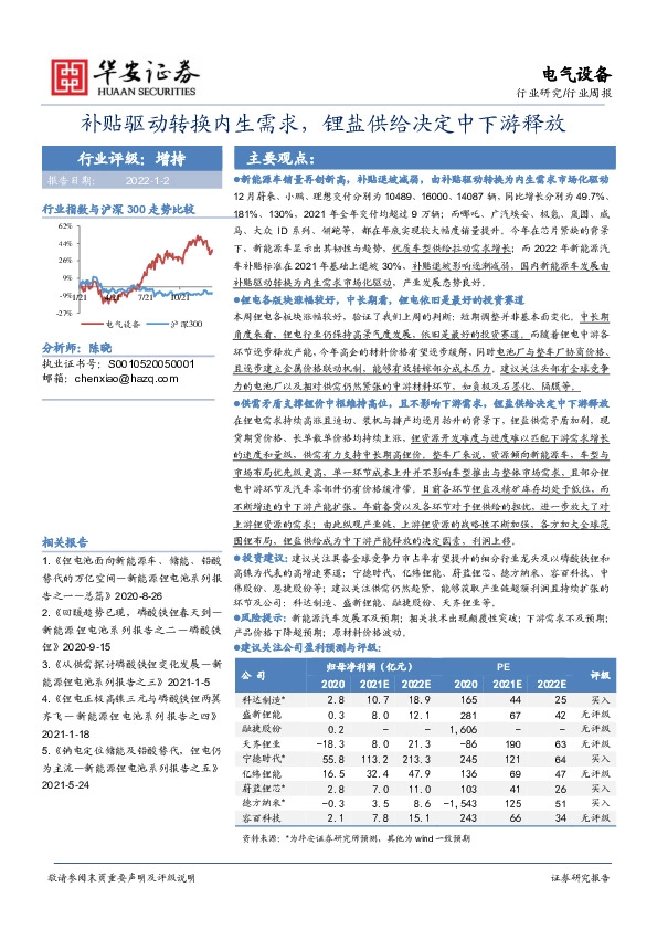 电气设备：补贴驱动转换内生需求，锂盐供给决定中下游释放