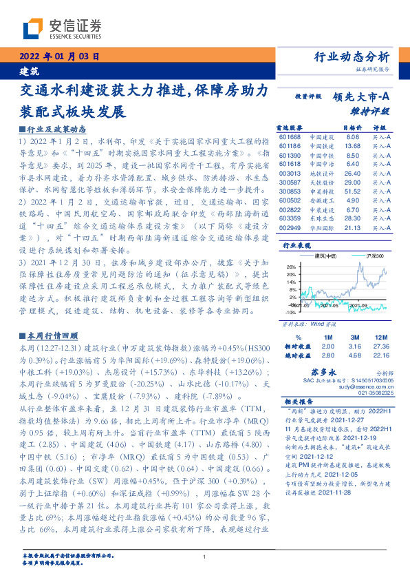 建筑行业动态分析：交通水利建设获大力推进，保障房助力装配式板块发展