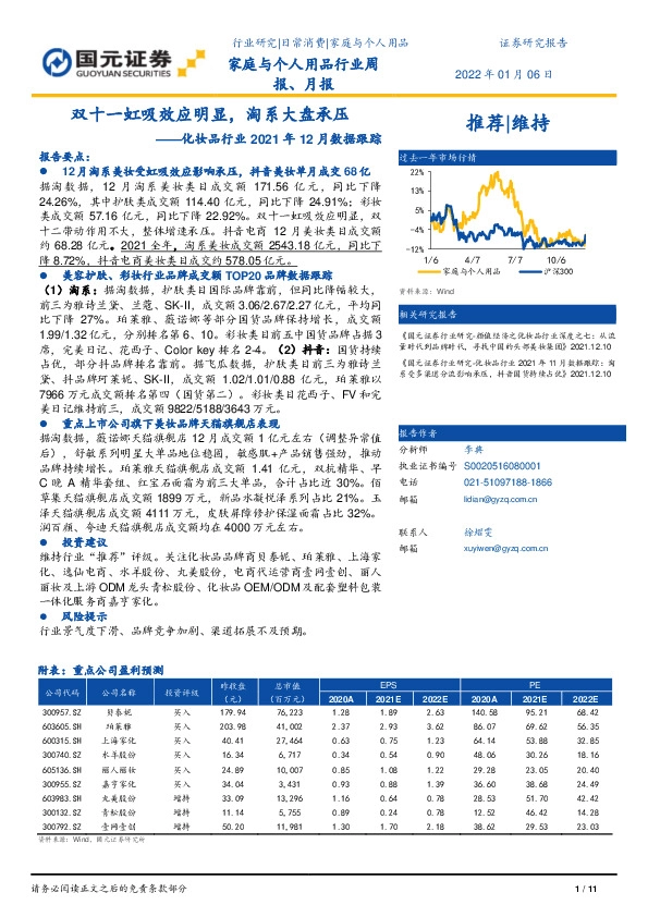 化妆品行业2021年12月数据跟踪：双十一虹吸效应明显，淘系大盘承压