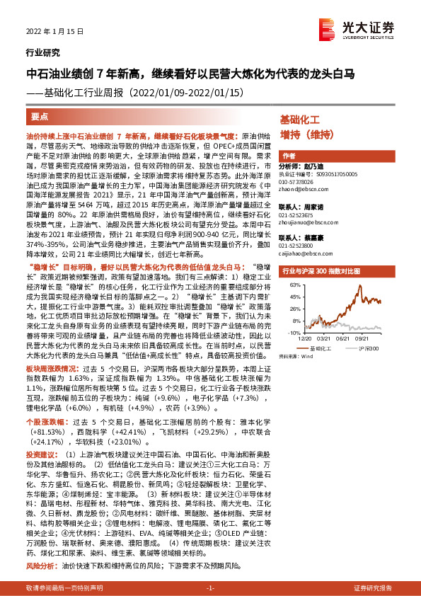 基础化工行业周报：中石油业绩创7年新高，继续看好以民营大炼化为代表的龙头白马