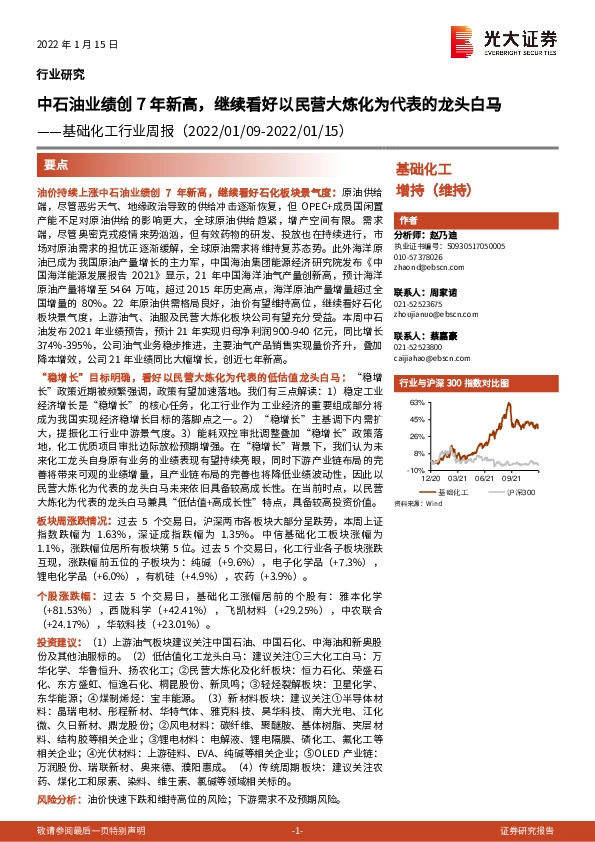 基础化工行业周报：中石油业绩创7年新高，继续看好以民营大炼化为代表的龙头白马