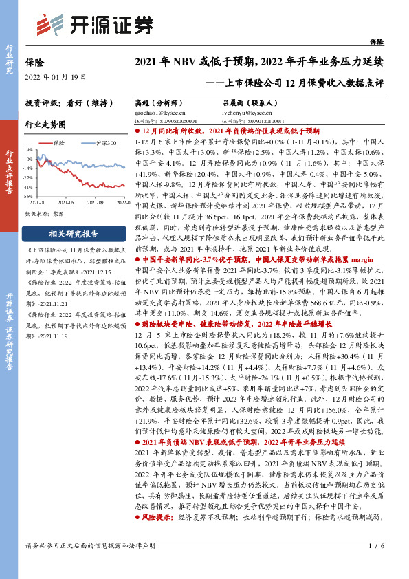 上市保险公司12月保费收入数据点评：2021年NBV或低于预期，2022年开年业务压力延续