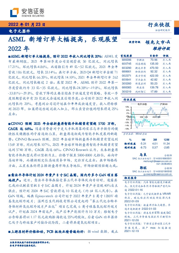 电子元器件：ASML新增订单大幅提高，乐观展望2022年