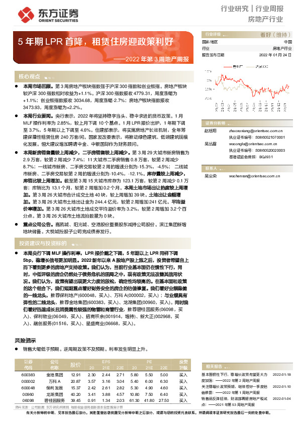 2022年第3周地产周报：5年期LPR首降，租赁住房迎政策利好