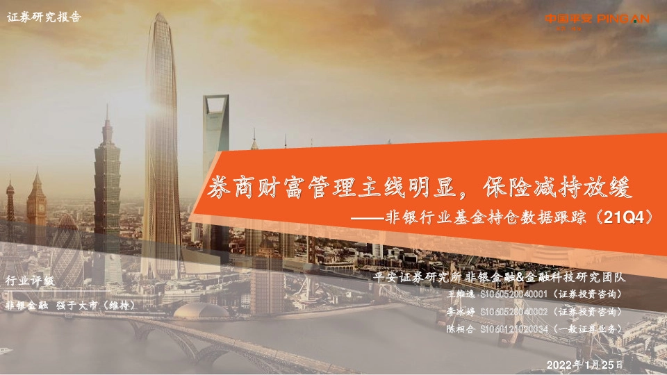 非银行业基金持仓数据跟踪（21Q4）：券商财富管理主线明显，保险减持放缓