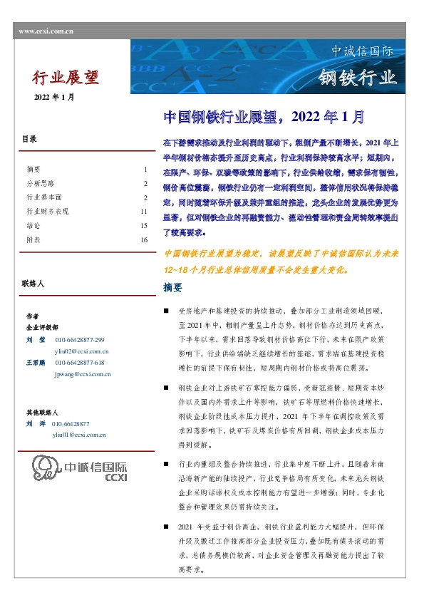 中国钢铁行业展望，2022年1月