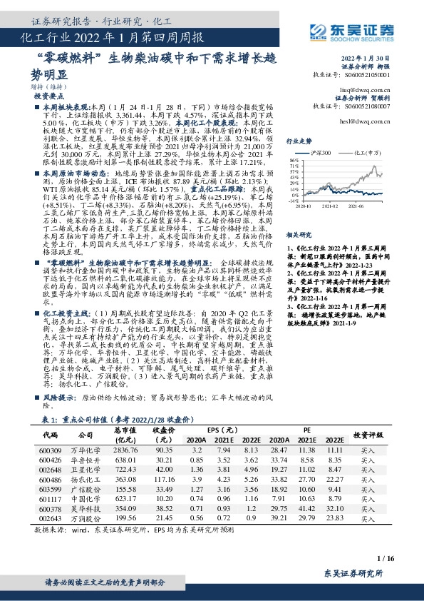 化工行业2022年1月第四周周报：“零碳燃料”生物柴油碳中和下需求增长趋势明显