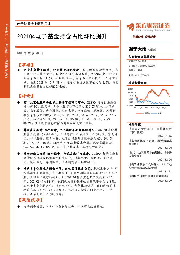 电子设备行业动态点评：2021Q4电子基金持仓占比环比提升