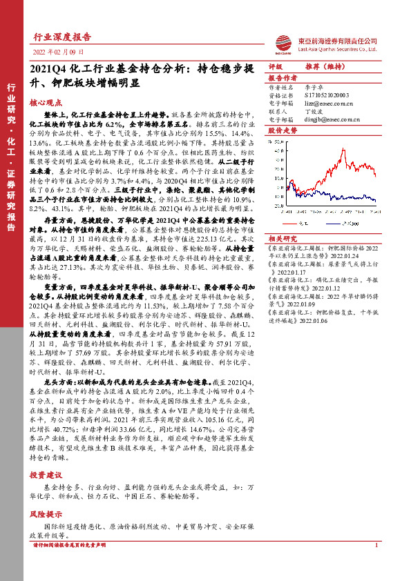 2021Q4化工行业基金持仓分析：持仓稳步提升、钾肥板块增幅明显