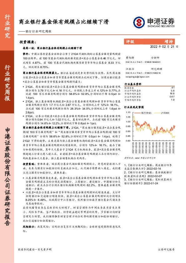 银行行业研究周报：商业银行基金保有规模占比继续下滑