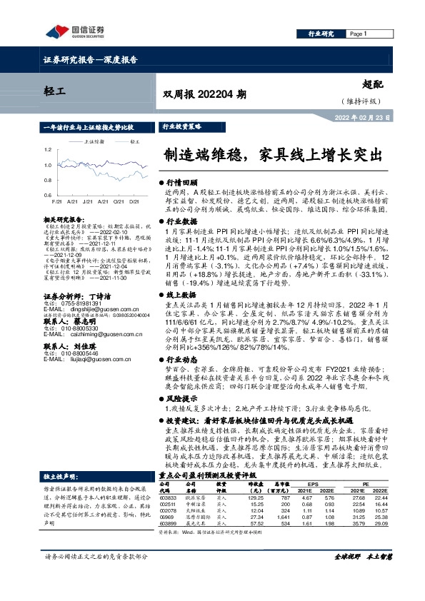 轻工双周报202204期：制造端维稳，家具线上增长突出