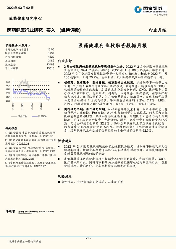 医药健康行业研究：医药健康行业投融资数据月报