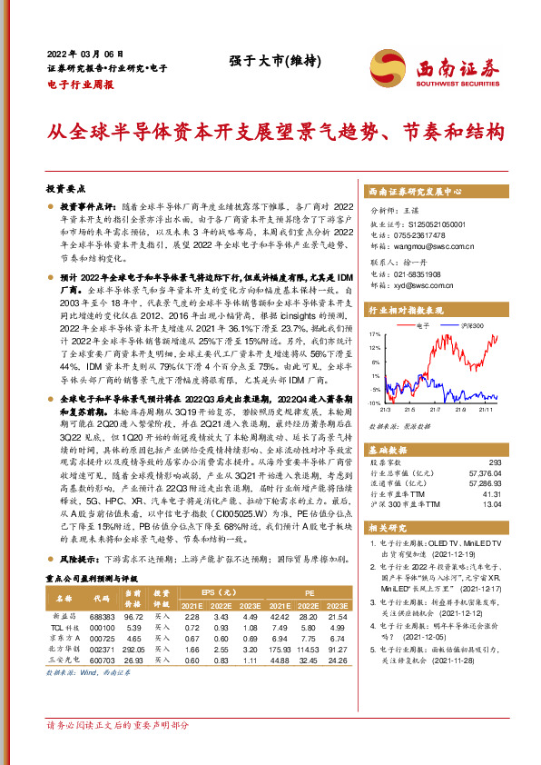电子行业周报：从全球半导体资本开支展望景气趋势、节奏和结构