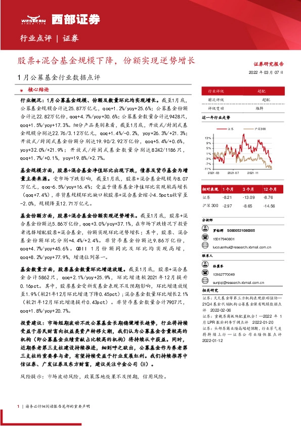 1月公募基金行业数据点评：股票+混合基金规模下降，份额实现逆势增长