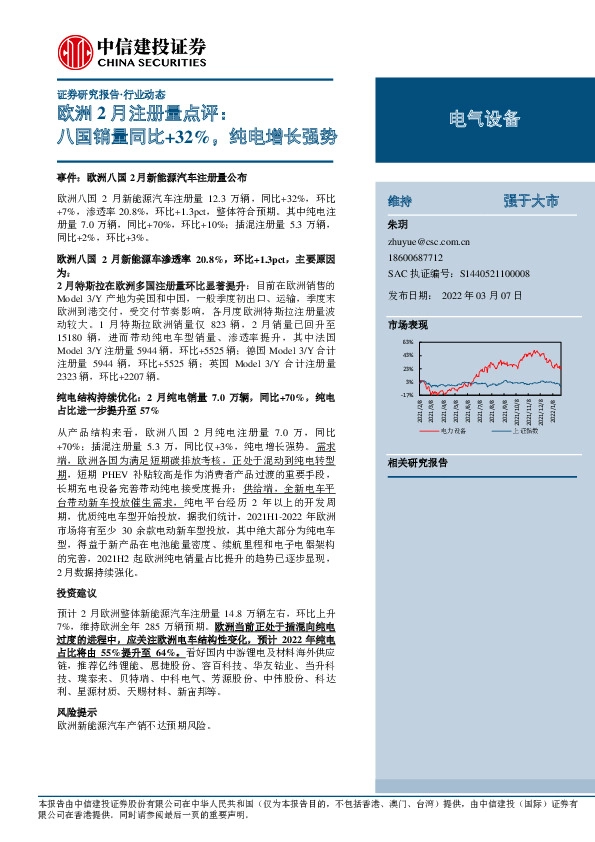 电气设备欧洲2月注册量点评：八国销量同比+32%，纯电增长强势