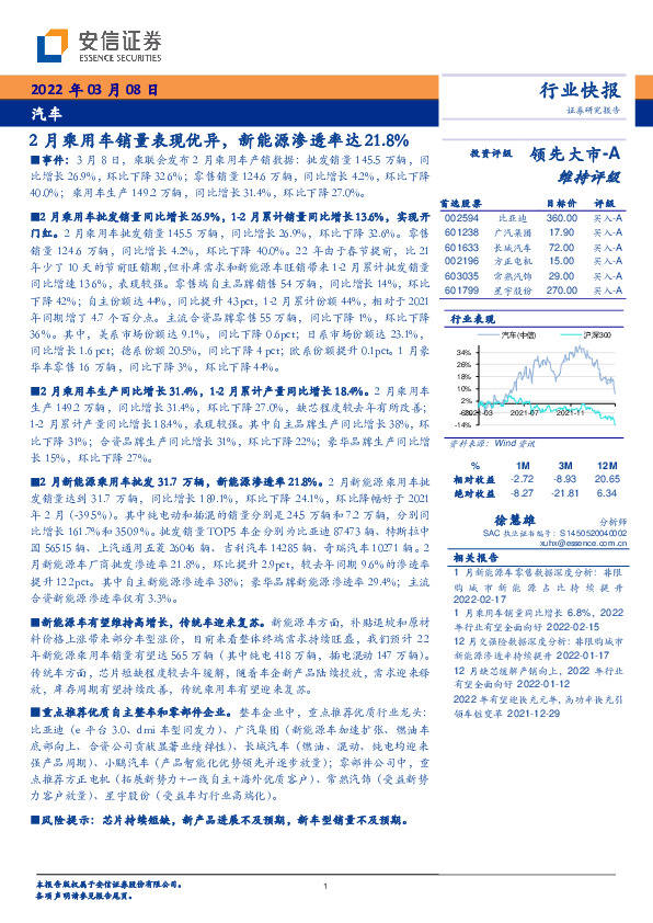 汽车行业快报：2月乘用车销量表现优异，新能源渗透率达21.8%