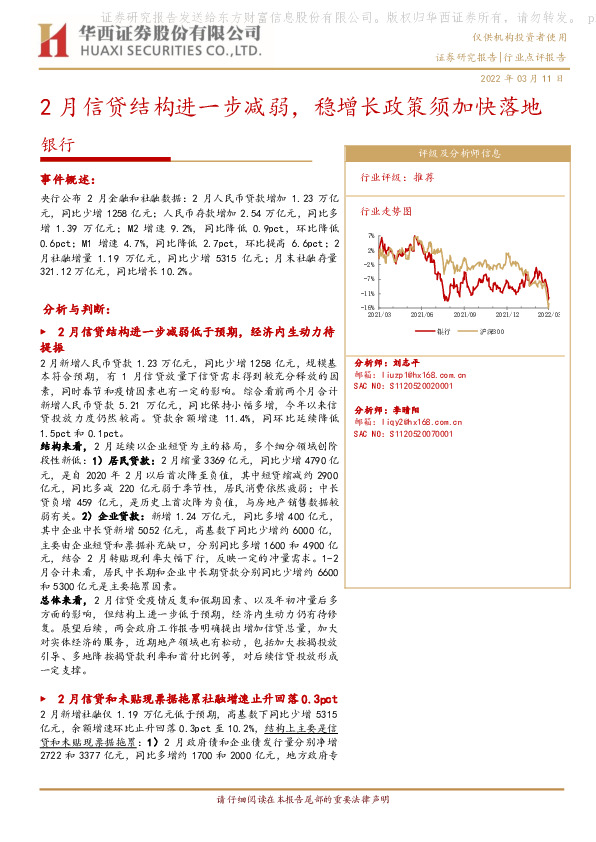 银行：2月信贷结构进一步减弱，稳增长政策须加快落地