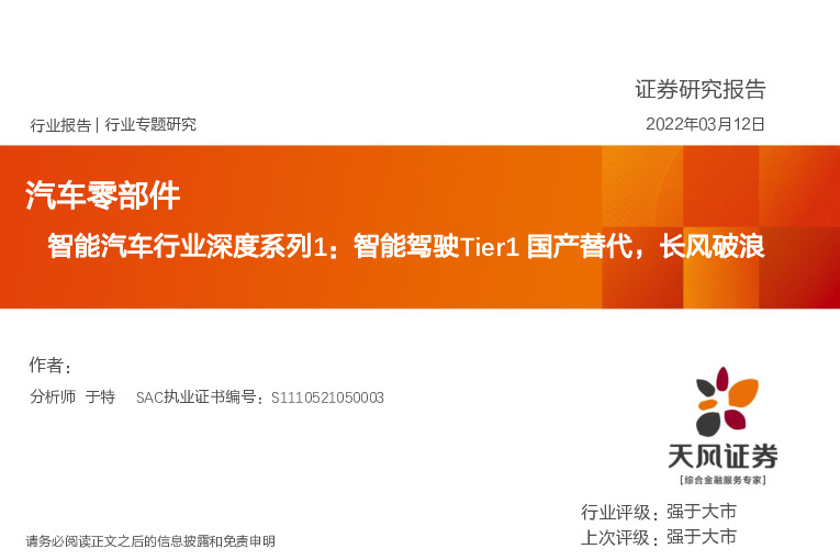 智能汽车行业深度系列1：智能驾驶Tier1国产替代，长风破浪