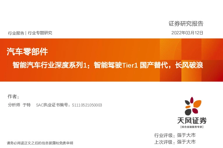 智能汽车行业深度系列1：智能驾驶Tier1国产替代，长风破浪