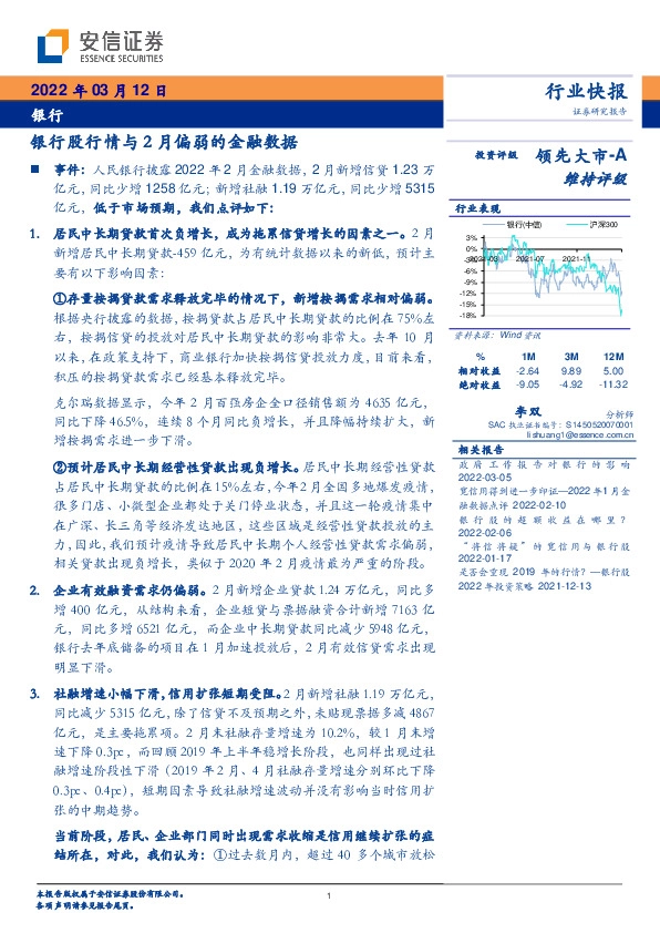 银行：银行股行情与2月偏弱的金融数据