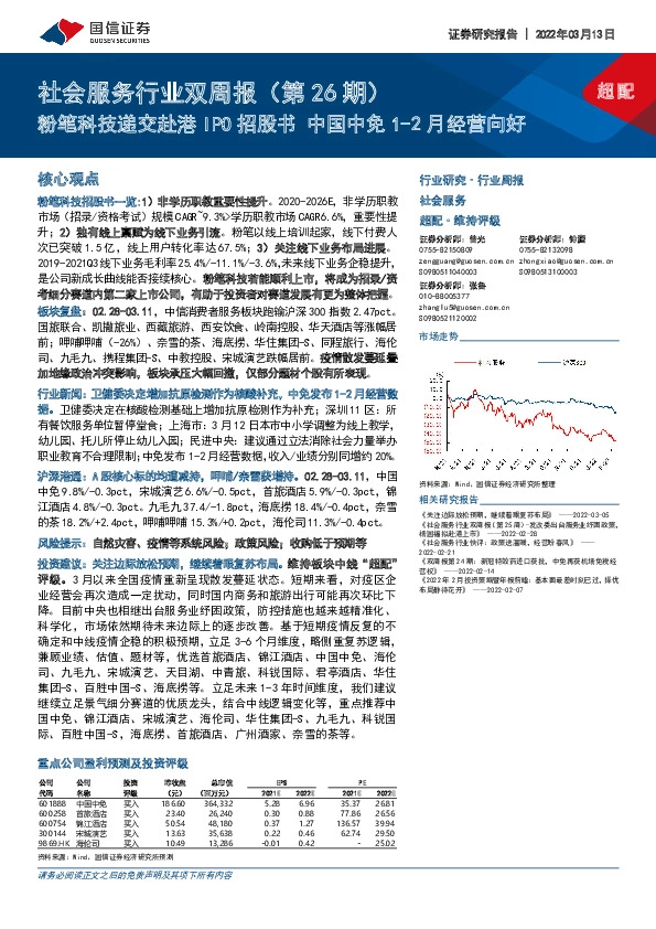 社会服务行业双周报（第26期）：粉笔科技递交赴港IPO招股书 中国中免1-2月经营向好