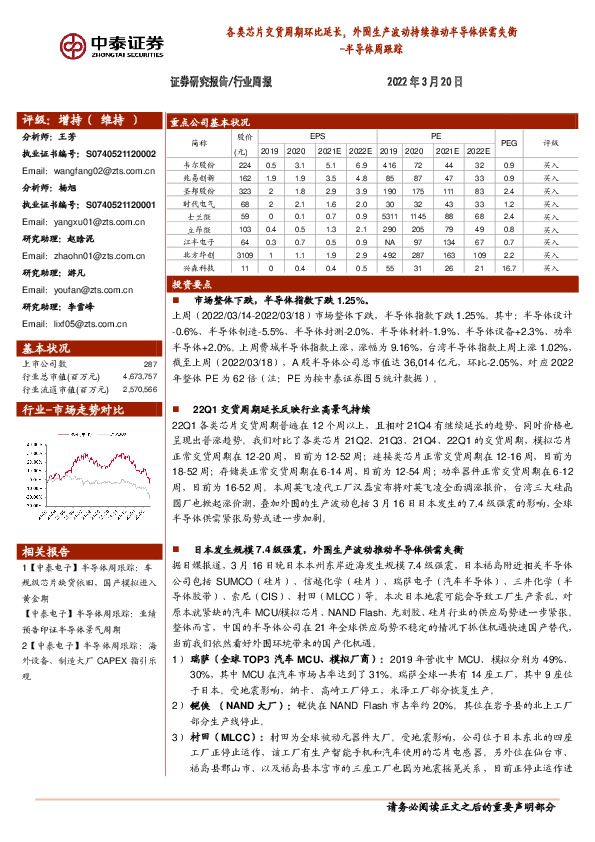 半导体周跟踪：各类芯片交货周期环比延长，外围生产波动持续推动半导体供需失衡