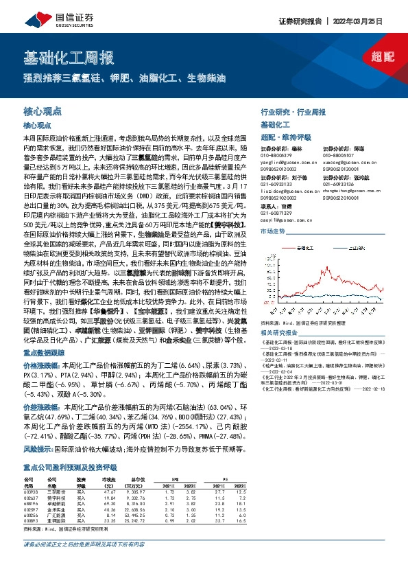 基础化工周报：强烈推荐三氯氢硅、钾肥、油脂化工、生物柴油