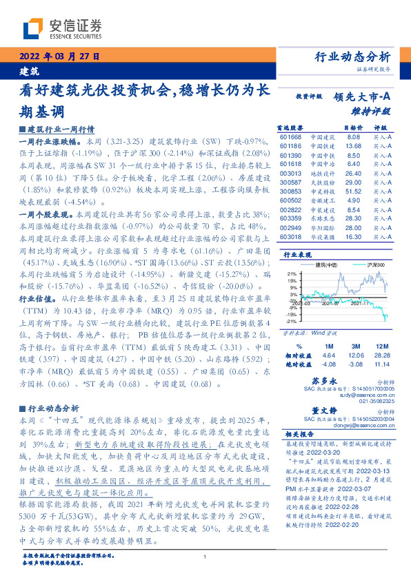 建筑：看好建筑光伏投资机会，稳增长仍为长期基调