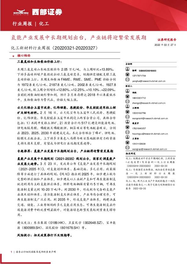 化工新材料行业周报：氢能产业发展中长期规划出台，产业链将迎繁荣发展期