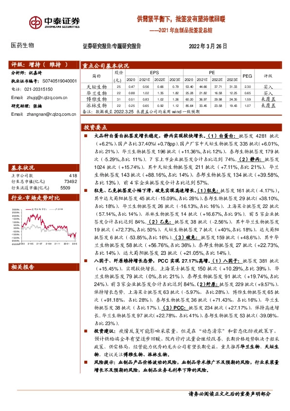2021年血制品批签发总结：供需紧平衡下，批签发有望持续回暖