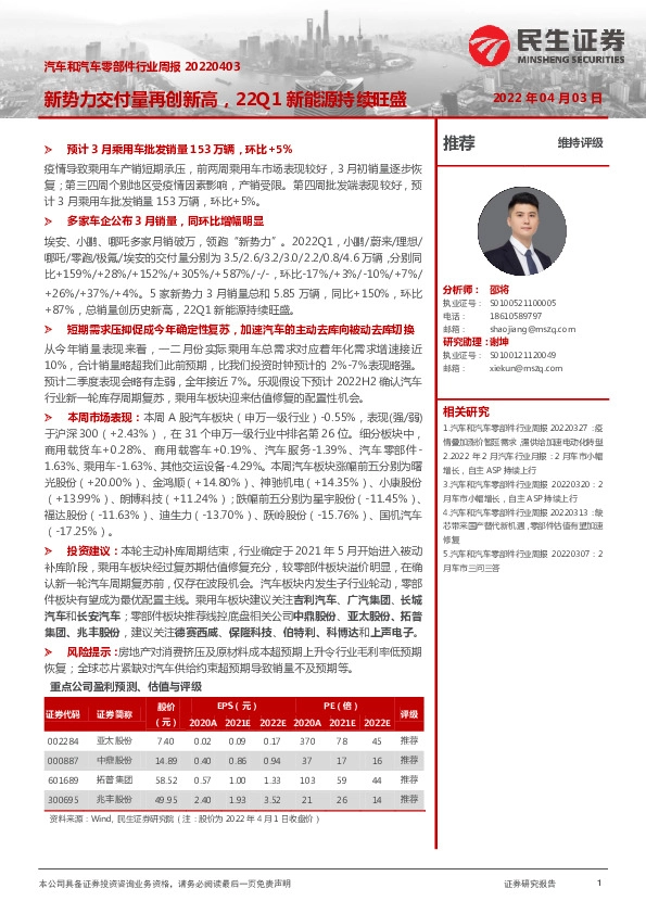 汽车和汽车零部件行业周报：新势力交付量再创新高，22Q1新能源持续旺盛