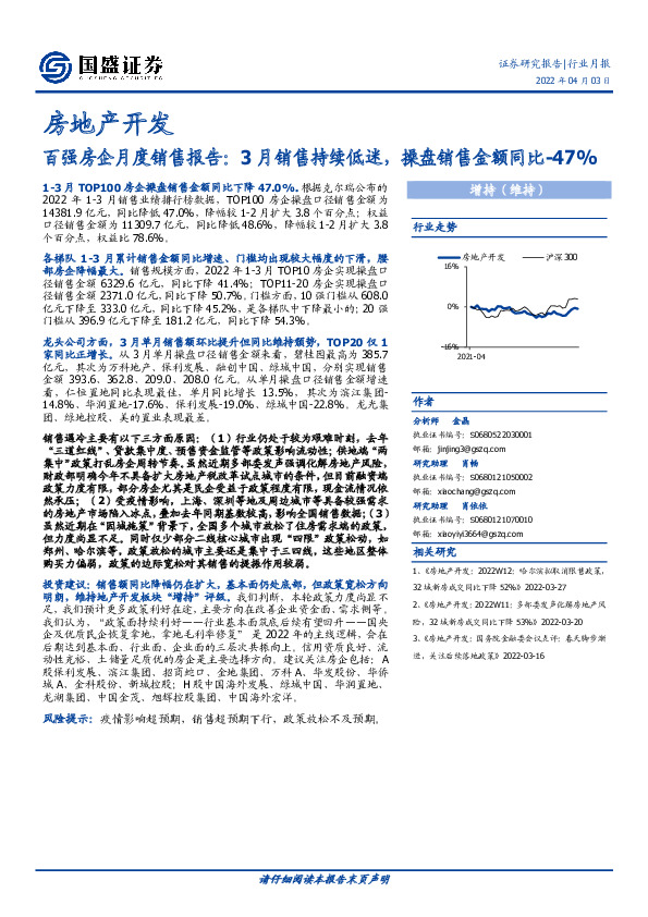 房地产开发百强房企月度销售报告：3月销售持续低迷，操盘销售金额同比-47%