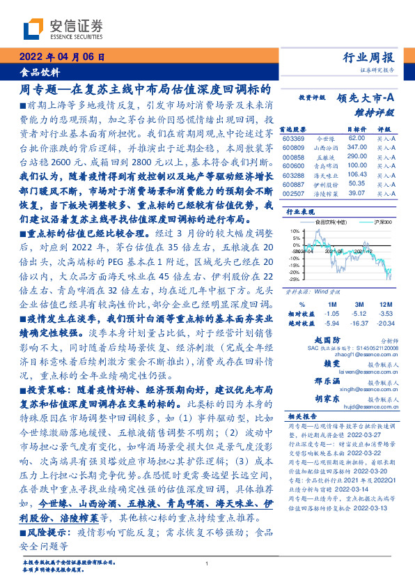 食品饮料周专题—在复苏主线中布局估值深度回调标的