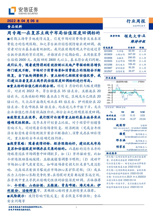 食品饮料周专题—在复苏主线中布局估值深度回调标的