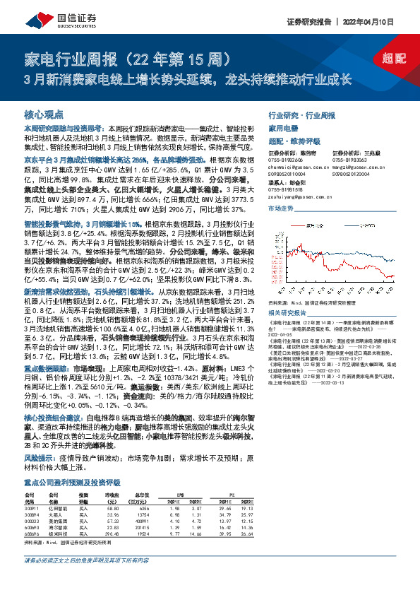 家电行业周报（22年第15周）：3月新消费家电线上增长势头延续，龙头持续推动行业成长