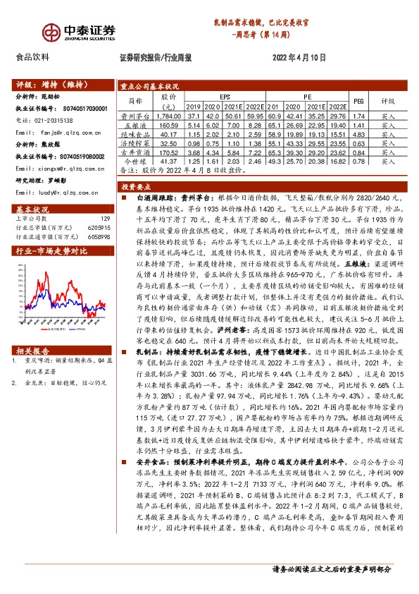 食品饮料周思考（第14周）：乳制品需求稳健，巴比完美收官