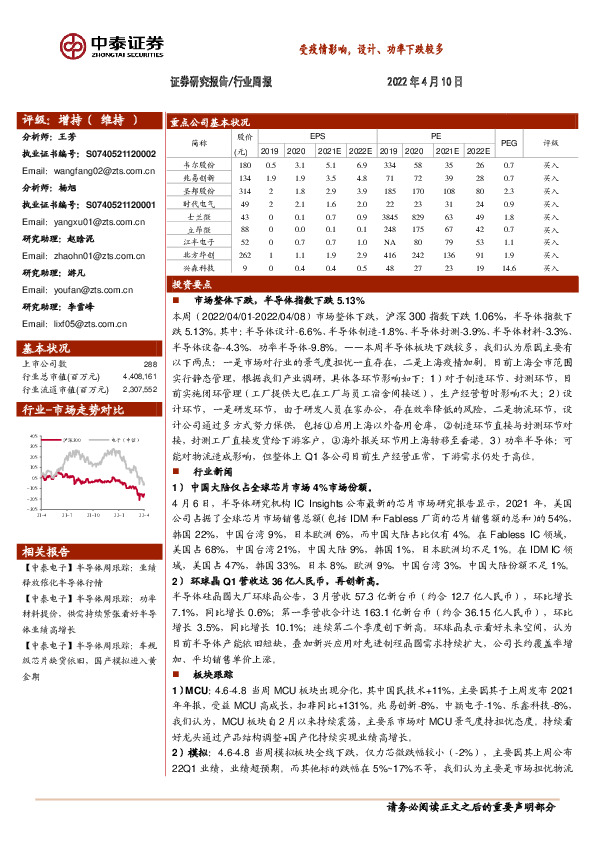 电子行业周报：受疫情影响，设计、功率下跌较多
