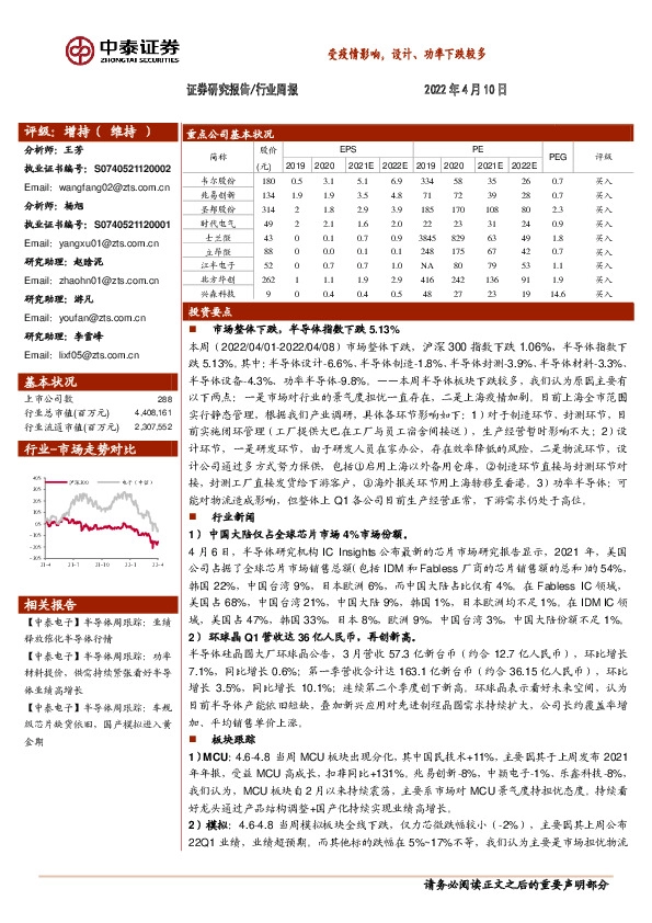 电子行业周报：受疫情影响，设计、功率下跌较多