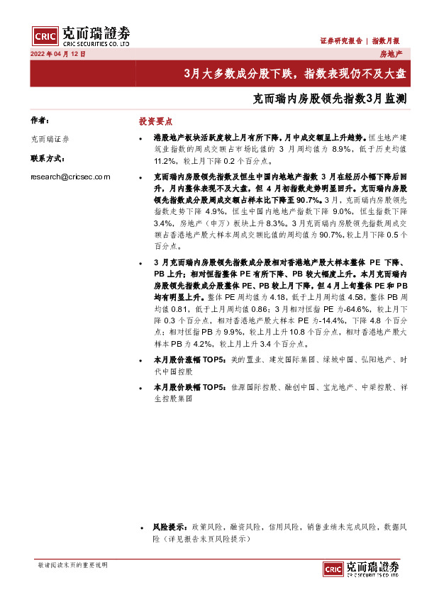 克而瑞内房股领先指数3月监测：3月大多数成分股下跌，指数表现仍不及大盘