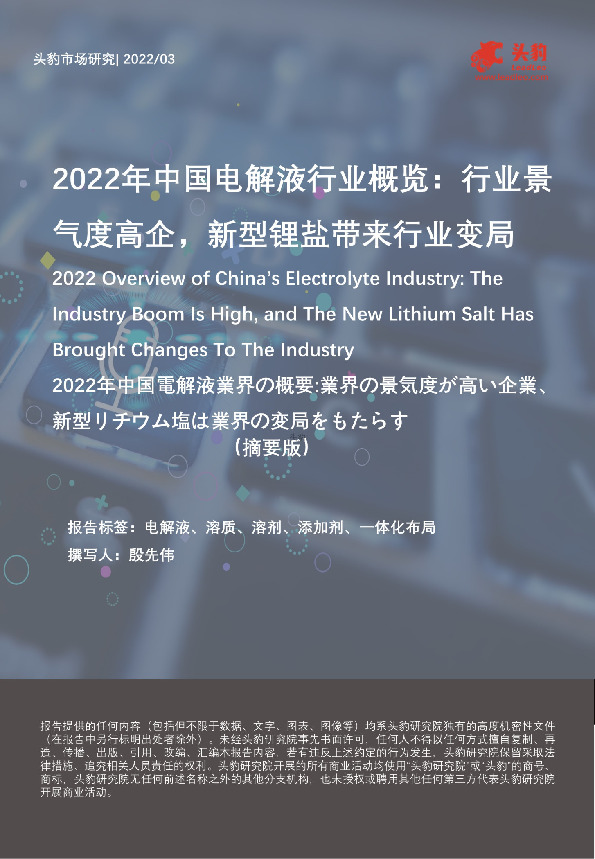 2022年中国电解液行业概览：行业景气度高企，新型锂盐带来行业变局（摘要版）