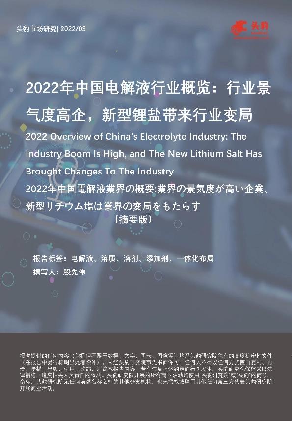 2022年中国电解液行业概览：行业景气度高企，新型锂盐带来行业变局（摘要版）