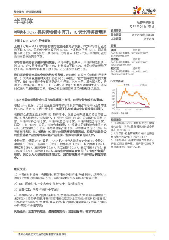 半导体行业研究周报：半导体1Q22机构持仓稳中有升，IC设计持续被青睐