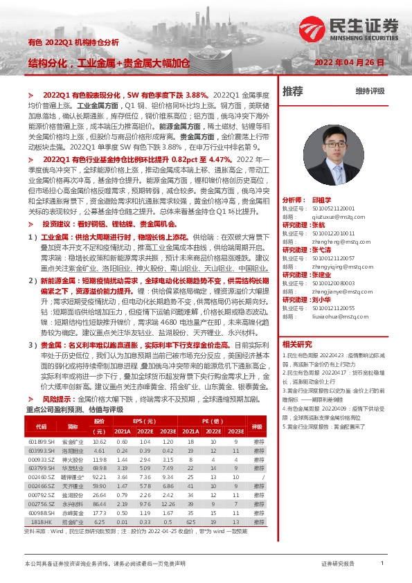 有色2022Q1机构持仓分析：结构分化，工业金属+贵金属大幅加仓