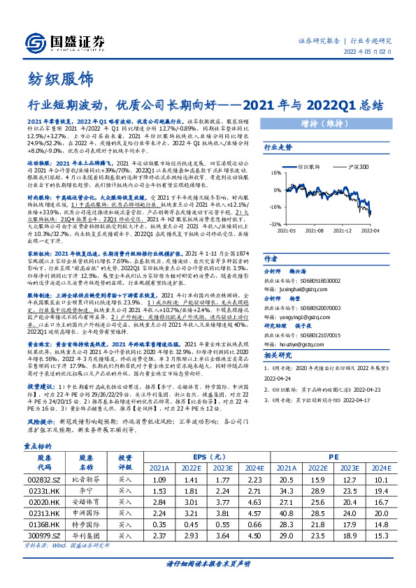 纺织服饰2021年与2022Q1总结：行业短期波动，优质公司长期向好