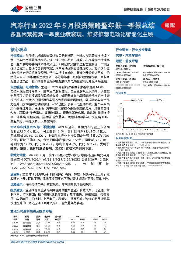 汽车行业2022年5月投资策略暨年报一季报总结：多重因素拖累一季度业绩表现，维持推荐电动化智能化主线