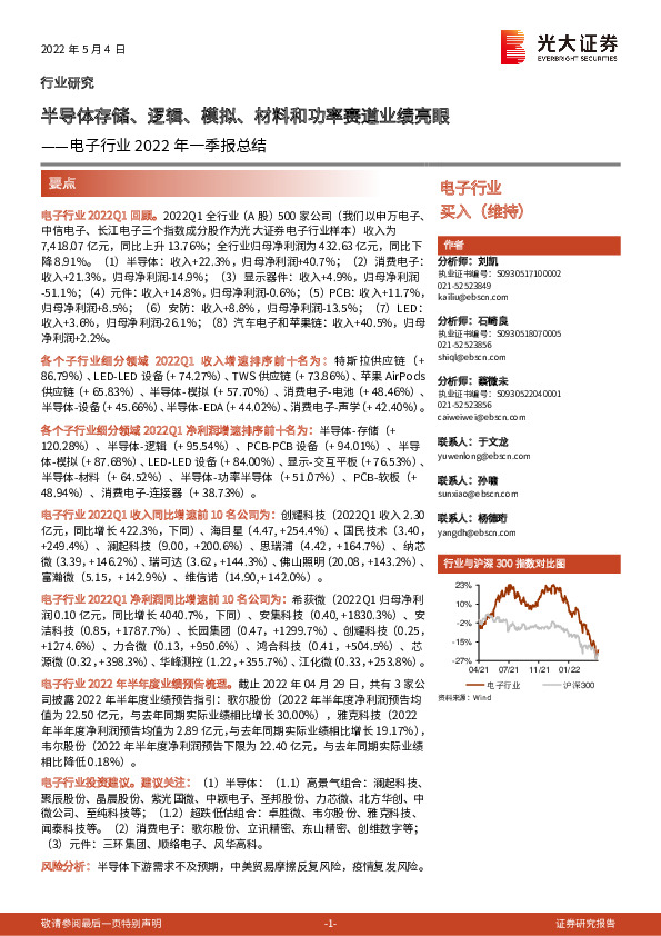 电子行业2022年一季报总结：半导体存储、逻辑、模拟、材料和功率赛道业绩亮眼