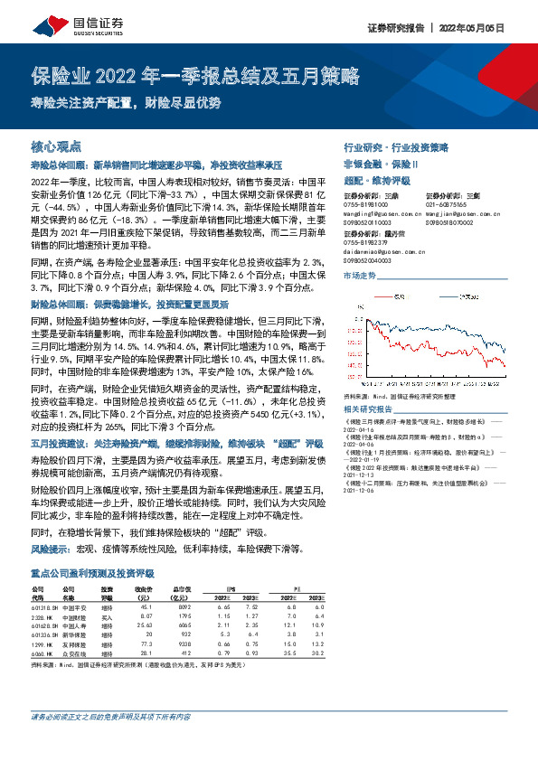 保险业2022年一季报总结及五月策略：寿险关注资产配置，财险尽显优势