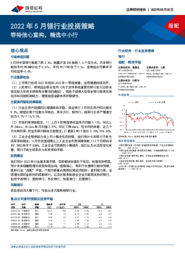2022年5月银行业投资策略：等待信心重构，精选中小行