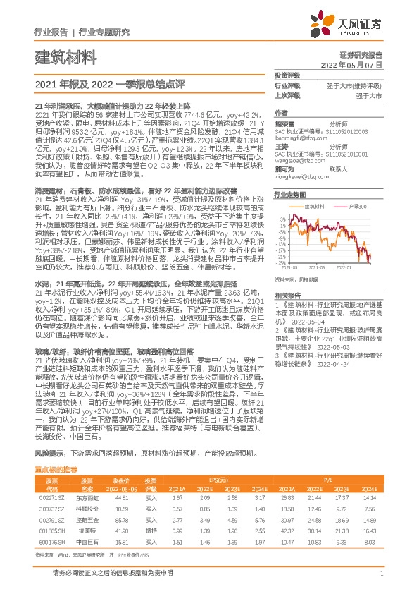 建筑材料行业专题研究：2021年报及2022一季报总结点评